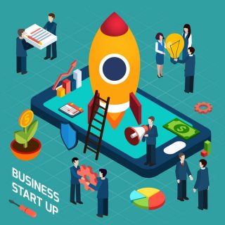 Business startup launch concept isometric poster New business startup company successful launch planning concept with rocket start symbol poster isometric abstract vector illustration