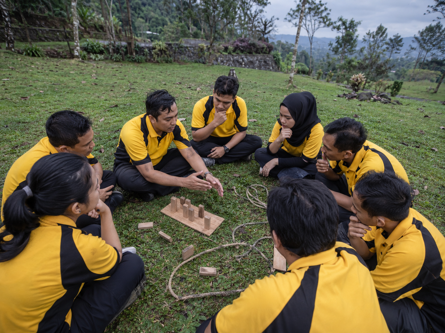 Peserta outbound training berdiskusi dalam kelompok di lapangan